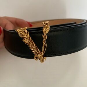 Versace Black Leather Belt with Gold Buckle
